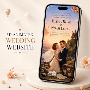 May include: A smartphone displaying a 3D animated wedding invitation featuring a couple in formal attire, a castle, and balloons. The screen text reads: Together with their families you're cordially invited to celebrate the wedding of Elena Rose & Noah James, The Willow Garden Estate, 48 Meadow Lane, Asheville.