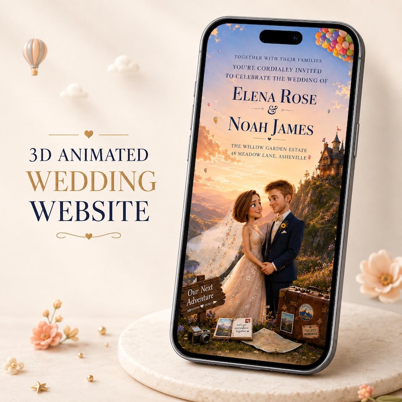 May include: A smartphone displaying a 3D animated wedding invitation featuring a couple in formal attire, a castle, and balloons. The screen text reads: Together with their families you're cordially invited to celebrate the wedding of Elena Rose & Noah James, The Willow Garden Estate, 48 Meadow Lane, Asheville.
