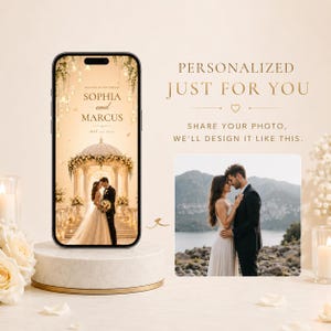 May include: A smartphone displaying a digital wedding invitation with the text "SOPHIA and MARCUS" and "MAY 24, 2025" above an illustration of a couple in a gazebo. Next to it, text reads "PERSONALIZED JUST FOR YOU" and "SHARE YOUR PHOTO, WE'LL DESIGN IT LIKE THIS."