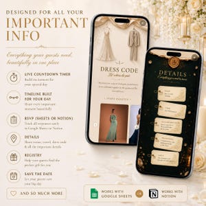 May include: Two smartphones displaying digital wedding invitation templates. The left screen shows a dress code page with a gown and suit illustration. The right screen displays event details on gold-bordered cards against a dark background.