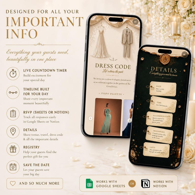 May include: Two smartphones displaying digital wedding invitation templates. The left screen shows a dress code page with a gown and suit illustration. The right screen displays event details on gold-bordered cards against a dark background.