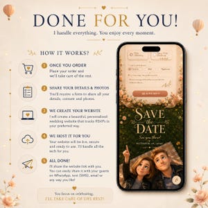 May include: A digital infographic titled DONE FOR YOU! detailing a five-step wedding website service process. A smartphone displays a Save the Date mobile interface featuring a couple on grass, with text fields for RSVP, meal preferences, and a send button.