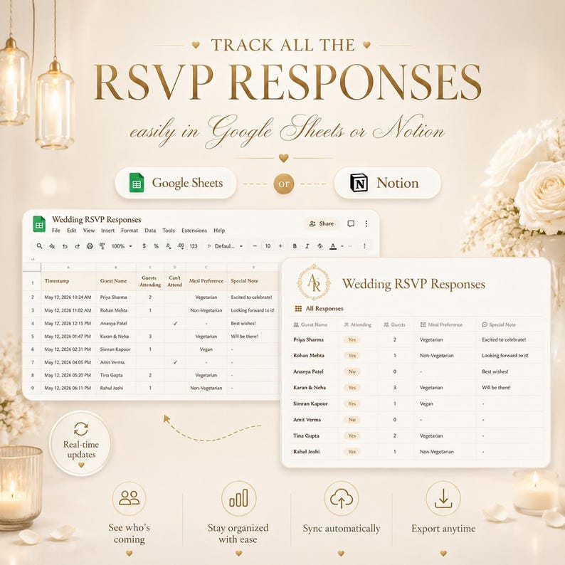 May include: A digital template for tracking wedding RSVP responses in Google Sheets or Notion. The display shows two spreadsheet interfaces with columns for guest names, attendance status, meal preferences, and notes, featuring gold text.