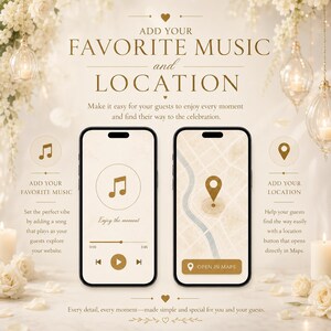 May include: Two smartphones displaying digital interfaces for event planning. The left screen shows a music player with a note icon and playback controls. The right screen shows a map with a location pin and an Open in Maps button.
