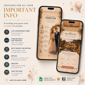May include: Two smartphones displaying a digital wedding website interface with a cream-colored theme. The screens show a celebration timeline, a couple in formal attire, venue details, and event information. Text includes "DESIGNED FOR ALL YOUR IMPORTANT INFO" and "WORKS WITH GOOGLE SHEETS OR NOTION."