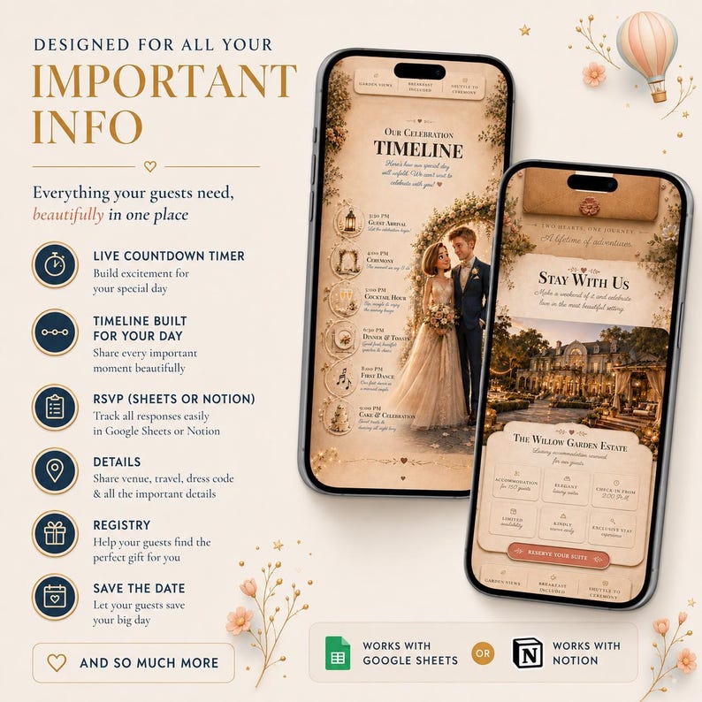 May include: Two smartphones displaying a digital wedding website interface with a cream-colored theme. The screens show a celebration timeline, a couple in formal attire, venue details, and event information. Text includes "DESIGNED FOR ALL YOUR IMPORTANT INFO" and "WORKS WITH GOOGLE SHEETS OR NOTION."