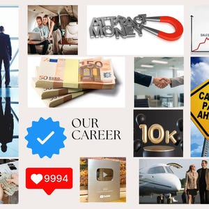 May include: A collage featuring images related to career and finance. Includes stacks of Euro banknotes, a magnet attracting the words "ATTRACT MONEY", a handshake, a "Career Path Ahead" sign, and people in business attire.