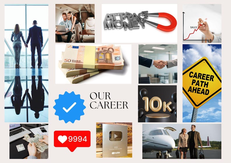 May include: A collage featuring images related to career and finance. Includes stacks of Euro banknotes, a magnet attracting the words "ATTRACT MONEY", a handshake, a "Career Path Ahead" sign, and people in business attire.