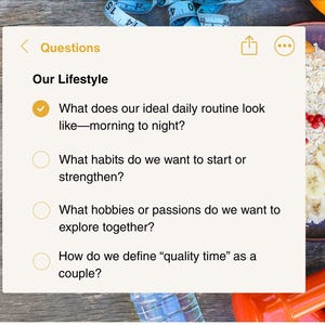 May include: A digital notepad displays lifestyle questions: daily routine, habits, hobbies, and quality time. A plate of oatmeal with bananas and berries, an orange dumbbell, and a measuring tape are also visible.