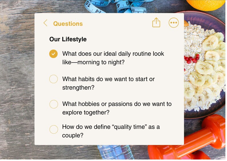 May include: A digital notepad displays lifestyle questions: daily routine, habits, hobbies, and quality time. A plate of oatmeal with bananas and berries, an orange dumbbell, and a measuring tape are also visible.