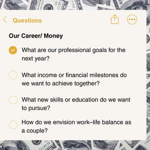 May include: A digital notepad with the title "Questions" and the topic "Our Career/ Money" is displayed over a background of US one hundred dollar bills. The notepad lists questions about professional goals, financial milestones, new skills, and work-life balance.