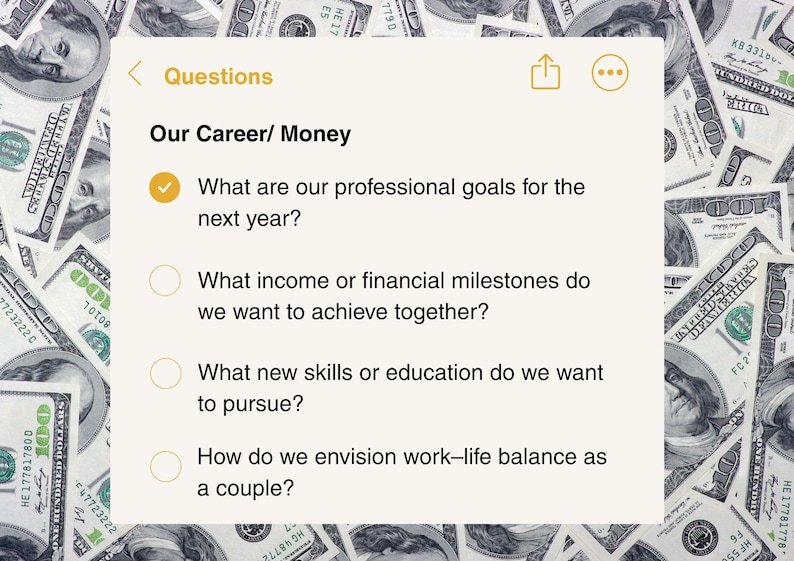May include: A digital notepad with the title "Questions" and the topic "Our Career/ Money" is displayed over a background of US one hundred dollar bills. The notepad lists questions about professional goals, financial milestones, new skills, and work-life balance.