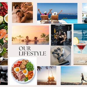 May include: A collage featuring images of healthy food, spa treatments, travel, fitness, and leisure activities. The central text reads "OUR LIFESTYLE". The images depict a balanced lifestyle with elements of wellness and relaxation.