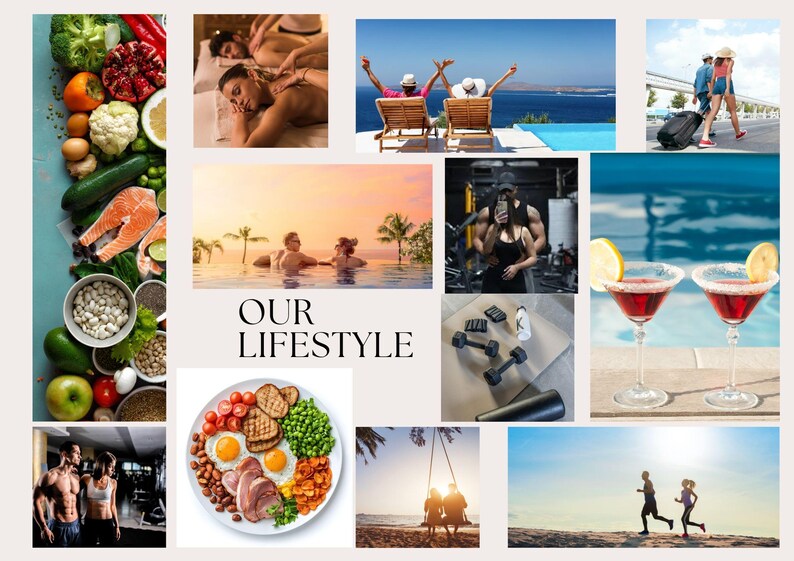 May include: A collage featuring images of healthy food, spa treatments, travel, fitness, and leisure activities. The central text reads "OUR LIFESTYLE". The images depict a balanced lifestyle with elements of wellness and relaxation.