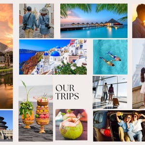 May include: A travel-themed collage featuring various vacation scenes. Images include a temple, couples, tropical resorts, swimming, a European village, airport travel, and a car selfie. The text "OUR TRIPS" is in the center.