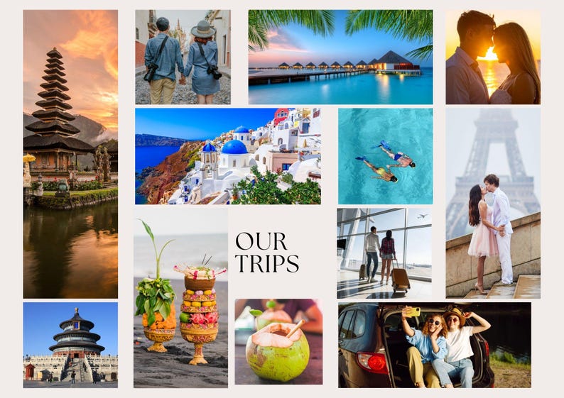 May include: A travel-themed collage featuring various vacation scenes. Images include a temple, couples, tropical resorts, swimming, a European village, airport travel, and a car selfie. The text "OUR TRIPS" is in the center.