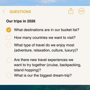 May include: A digital notepad with the title "QUESTIONS" and the text "Our trips in 2026." The notepad includes a checklist of travel-related questions, set against a backdrop of a tropical beach and ocean.