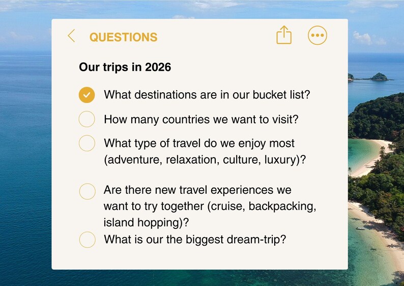 May include: A digital notepad with the title "QUESTIONS" and the text "Our trips in 2026." The notepad includes a checklist of travel-related questions, set against a backdrop of a tropical beach and ocean.
