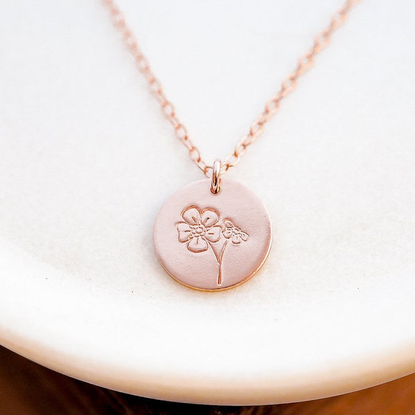 Forget Me Not Flower Necklace. Dainty Gold, Silver, or Rose Disc Necklace. Hand Stamped Minimalist Jewelry.  Forget-Me-Not Simple Necklace.