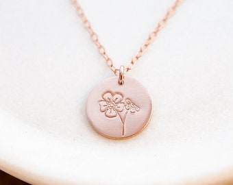 Forget Me Not Flower Necklace. Dainty Gold, Silver, or Rose Disc Necklace. Hand Stamped Minimalist Jewelry.  Forget-Me-Not Simple Necklace.