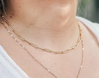 14k Gold Filled Textured Paperclip Chain. Dainty Layering Gold Necklace / Gold Choker Layered Necklace Christmas Gifts for Her