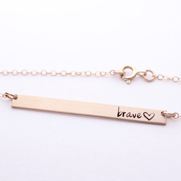 Hand Stamped Bar Necklace. Thin XL 14kt GoldBar with Brave. Minimalist, Engraved Necklace.  Layering Bar, Be Brave, Inspirational Jewelry