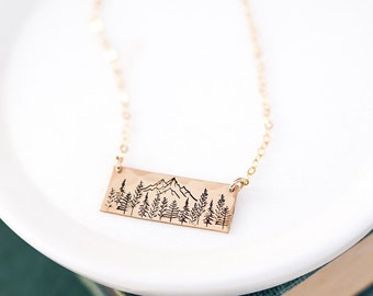 Mountains and Trees Necklace. Woodland Scene, Mountain Jewelry, Chunky Pendant for Adventurer. Gift For Nature Lover, Unique Stamped Gift