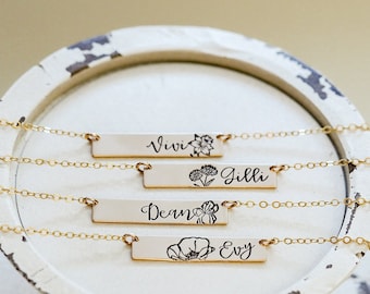 Flower Girl Necklace, Personalized with your Name and Flower of choice. Birth Flower Bar Necklace In Gold, Rose, or Silver.