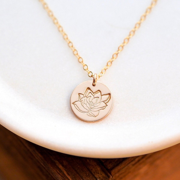 Magnolia Flower Necklace. Dainty Gold, Silver, or Rose Disc Necklace. Hand Stamped Minimalist Jewelry. Magnolia Blossom Simple Necklace.