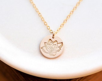 Magnolia Flower Necklace. Dainty Gold, Silver, or Rose Disc Necklace. Hand Stamped Minimalist Jewelry. Magnolia Blossom Simple Necklace.