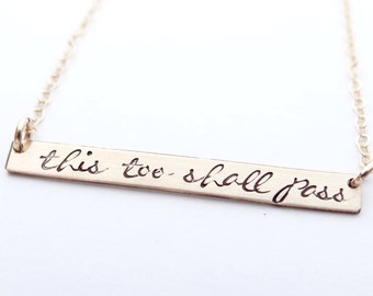 Hand Stamped Bar Necklace. Thin Large Gold Long Bar with This too shall pass. Christian Jewelry.