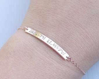 Coordinates Bar Bracelet - Personalized Bar Bracelet - Your Choice Rose Gold, 14k Gold-Filled, Sterling Silver - Custom Latitude & Longitude