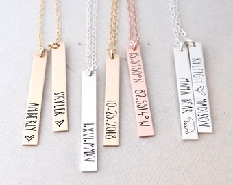 Personalized Bar Necklace Vertical.  Custom Name Necklace, Latitude Longitude, Roman numerals, Date, Mama Bear, Personalized Names.