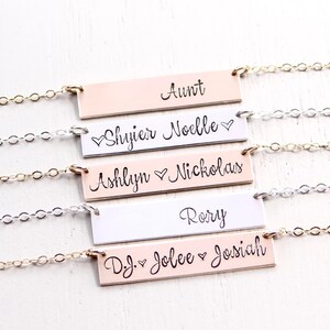 Personalized Bar Necklace. Hand Stamped Custom Name Bar Necklace, Calligraphy Font. Mother's Gold Bar Necklace. Hand Lettering Font. Script. image 2