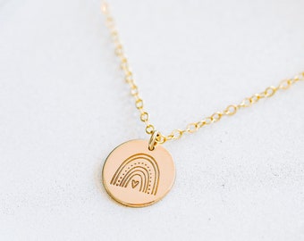 Rainbow Baby Stamped Coin Necklace. Dainty 14k Gold Filled, Rose Gold-Filled, or Sterling Silver Minimalist Necklace. Add Personalized Disc.