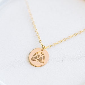 Rainbow Baby Stamped Coin Necklace. Dainty 14k Gold Filled, Rose Gold-Filled, or Sterling Silver Minimalist Necklace. Add Personalized Disc. image 1