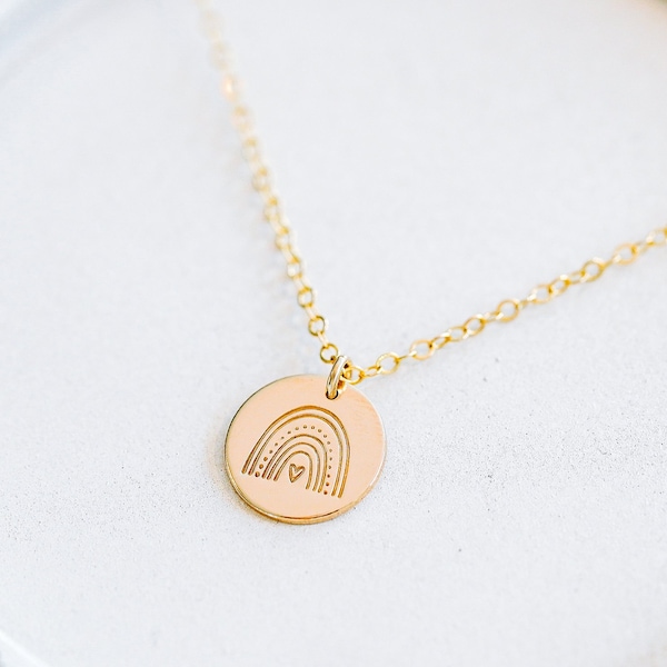 Rainbow Baby Stamped Coin Necklace. Dainty 14k Gold Filled, Rose Gold-Filled, or Sterling Silver Minimalist Necklace. Add Personalized Disc.