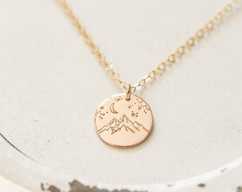 Dainty Silver, Gold, or Rose Disc Necklace. Mountains with Moon and Stars Disc Necklace.  Dainty Minimalist Celestial Jewelry.