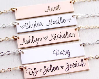 Personalized Bar Necklace. Hand Stamped Custom Name Bar Necklace, Calligraphy Font. Mother's Gold Bar Necklace. Hand Lettering Font. Script.