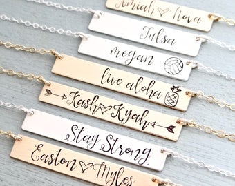 Personalized Bar Necklace. Calligraphy Font Hand Stamped Custom Name Bar Necklace. Gold, Rose, Or Silver Bar Necklace. Hand Lettering Font.