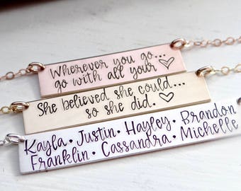 Personalized Bar Necklace for Multiple Names, Long Quote.  Hand Stamped Custom Name Bar Necklace. Gold Bar Necklace - 2 Lines, 60 Characters
