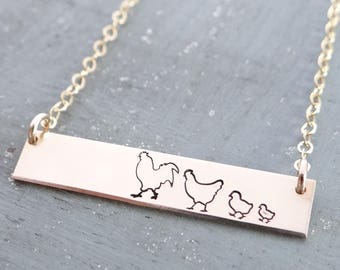 Chicken Family Bar Necklace. Rooster, Hen & Chicks. Add Custom Name or Words. Hand Stamped Layering Bar Necklace. Rose Gold, Gold, or Silver