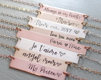 Personalized Bar Necklace for Mom.  Stamped Custom Name Bar Necklace. Mother's Gold Bar Necklace. Hand Lettering Font. Script.