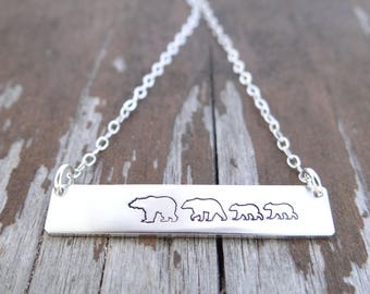 Personalized Mama Bear Bar Necklace. Bear Family Necklace. Mama Bear, Papa Bear, Baby Bear.  Customize to Match Your Family. Hand Stamped.