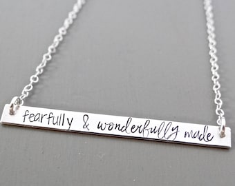 Fearfully & Wonderfully Made - Inspirational Bar Necklace, Name Necklace, Quote Bar Necklace, Gold Bar, Silver Bar, Rose Gold Bar Necklace.