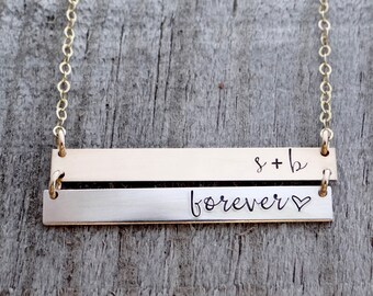 Or Sterling Silver Personalized Bar Necklace Gold Chevron Font Initial Bar Necklace Custom Inspirational or Name Necklace Rose Gold