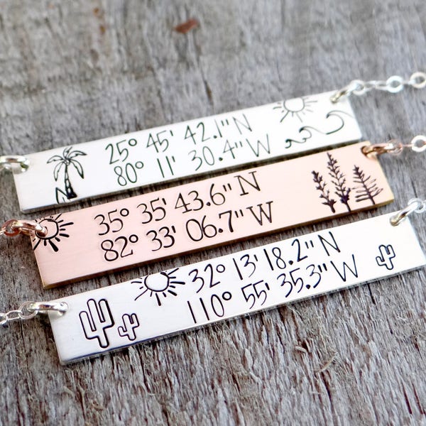 Personalized Coordinates - Latitude & Longitude GPS Coordinates Bar Necklace. Your Location of Choice. Palm Trees, Mountain, Cactus + More