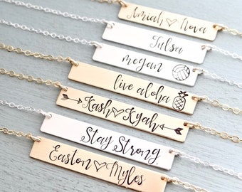 Personalized Bar Necklace. Gifts for Her - Stamped Custom Name Bar Necklace. Mother's Bar Necklace. Hand Lettering. Gift For Mom Her