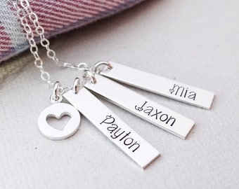 Personalized Sterling Silver Vertical Bar Necklace for Mom or Grandma. High Quality Stamped Charm Necklace, Heart. Vertical Bar Minimalist J
