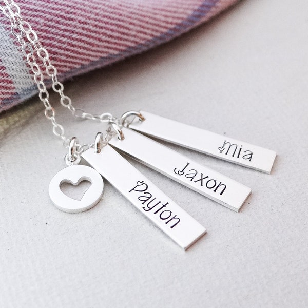 Personalized Sterling Silver Vertical Bar Necklace for Mom or Grandma. High Quality Stamped Charm Necklace, Heart. Vertical Bar Minimalist J